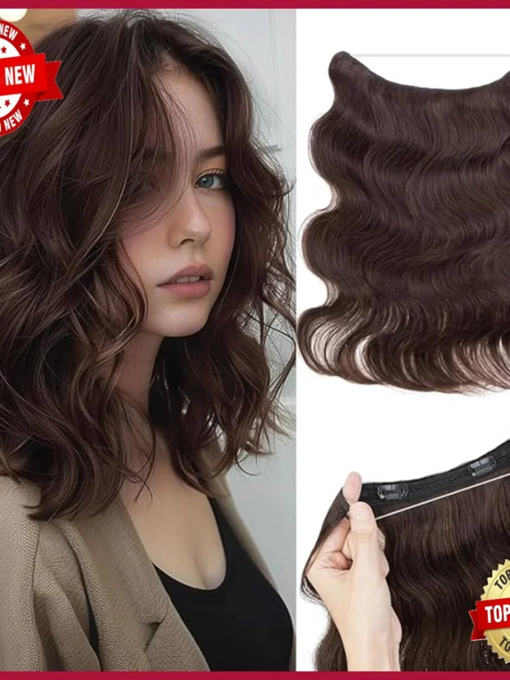 Real Human Hair Halo Extensions 12 Inch Short Wavy Adjustable Wire